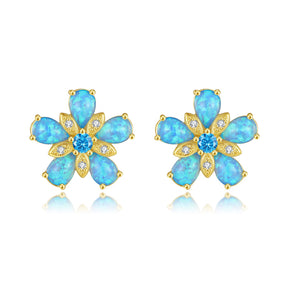 Ocean Blue Fire Opal Flower Stud Earrings - Earrings - Pretland | Spiritual Crystals & Jewelry