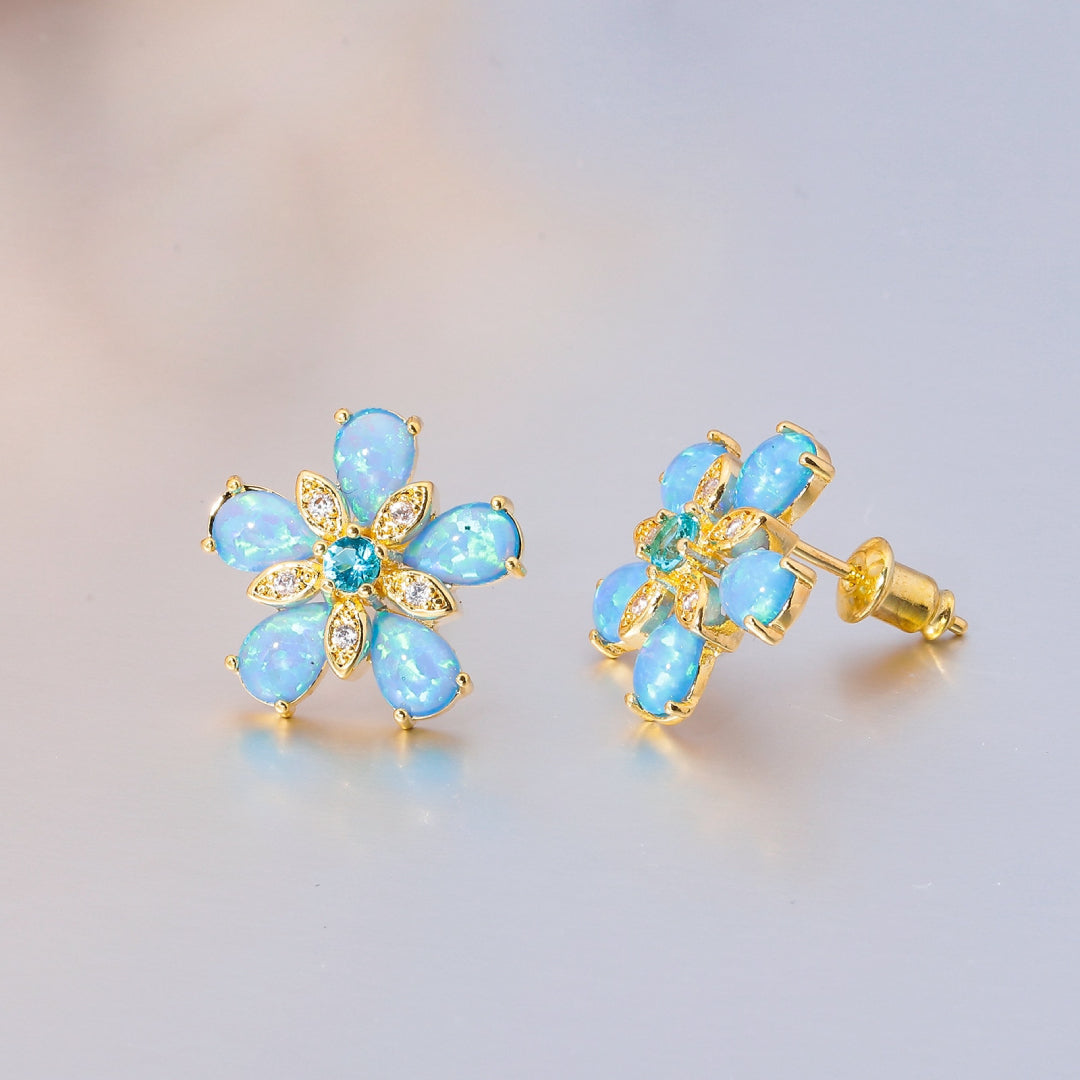 Ocean Blue Fire Opal Flower Stud Earrings - Earrings - Pretland | Spiritual Crystals & Jewelry
