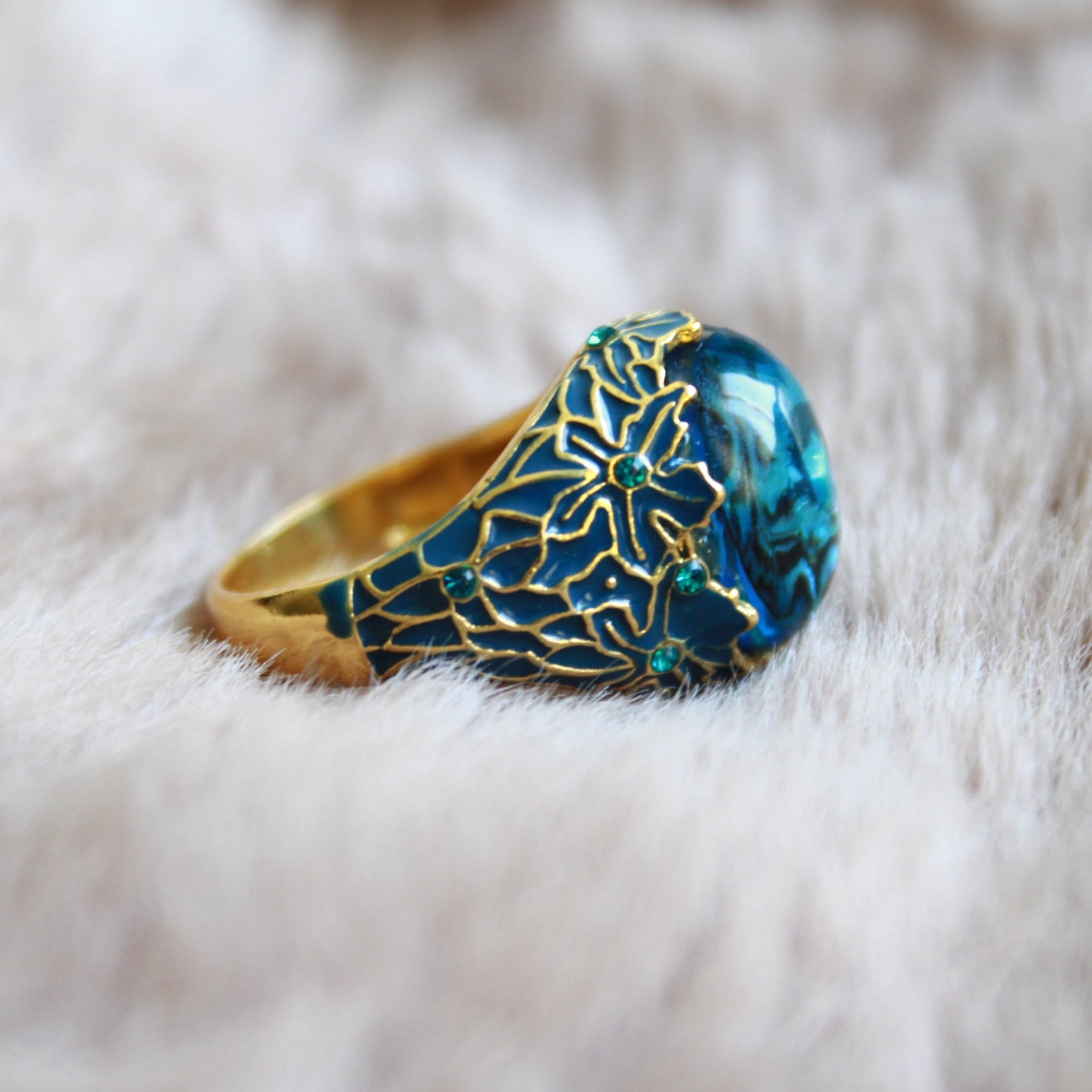 Elegant Sapphire Enamel Flower Ring