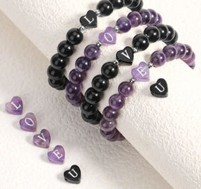 Natural Stone Amethyst and Obsidian Lover Bracelet (Customizable Initial Letter)