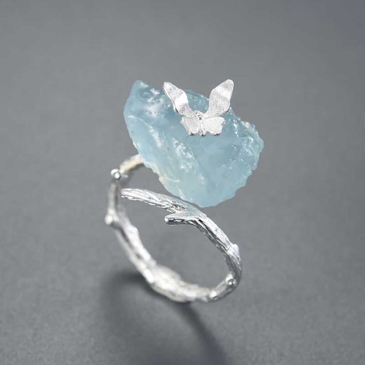 Vintage Butterfly Aquamarine Stone Adjustable Ring - Silver - Rings - Pretland | Spiritual Crystals & Jewelry