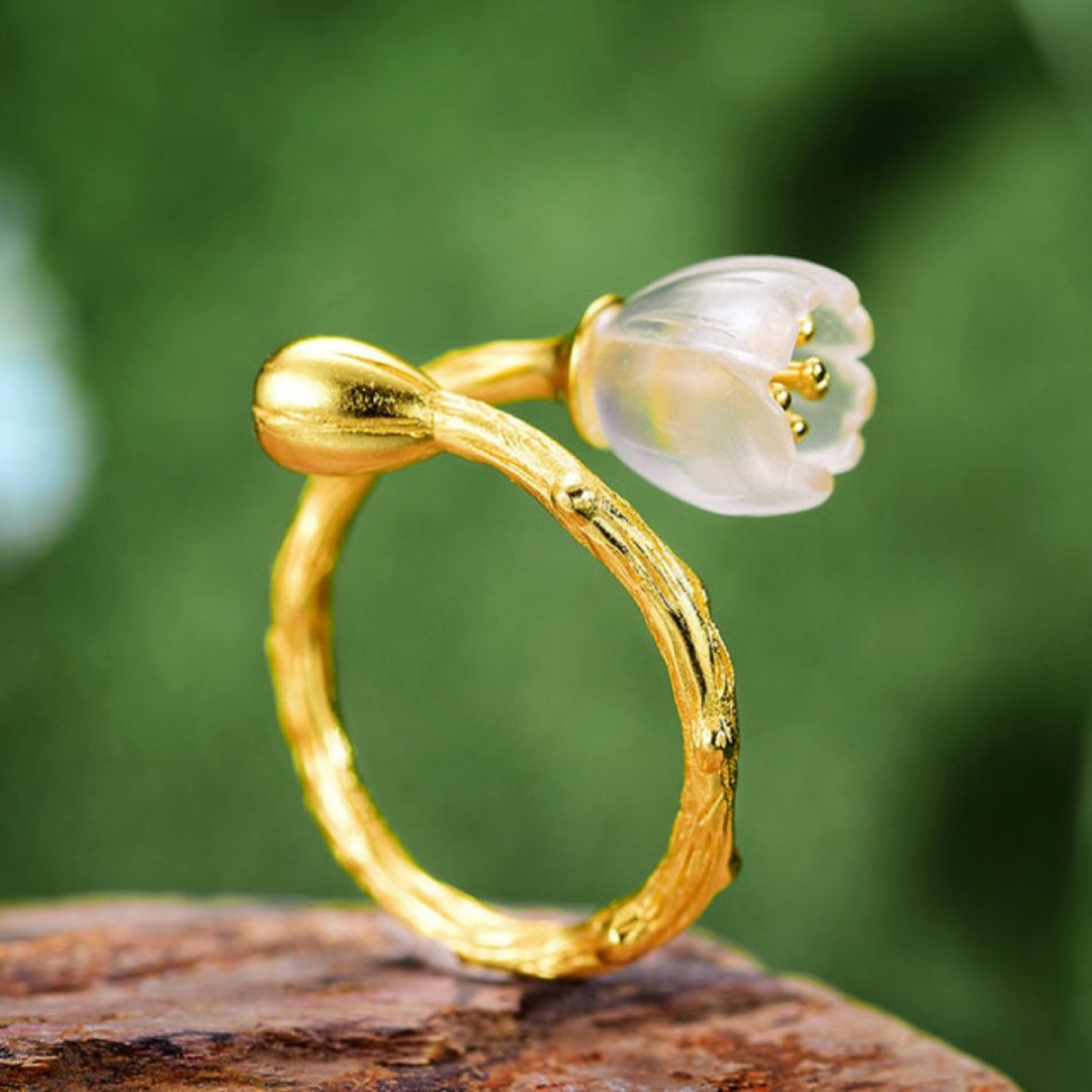 Valley Flower Natural Crystal Adjustable Ring - Gold with buds - Rings - Pretland | Spiritual Crystals & Jewelry