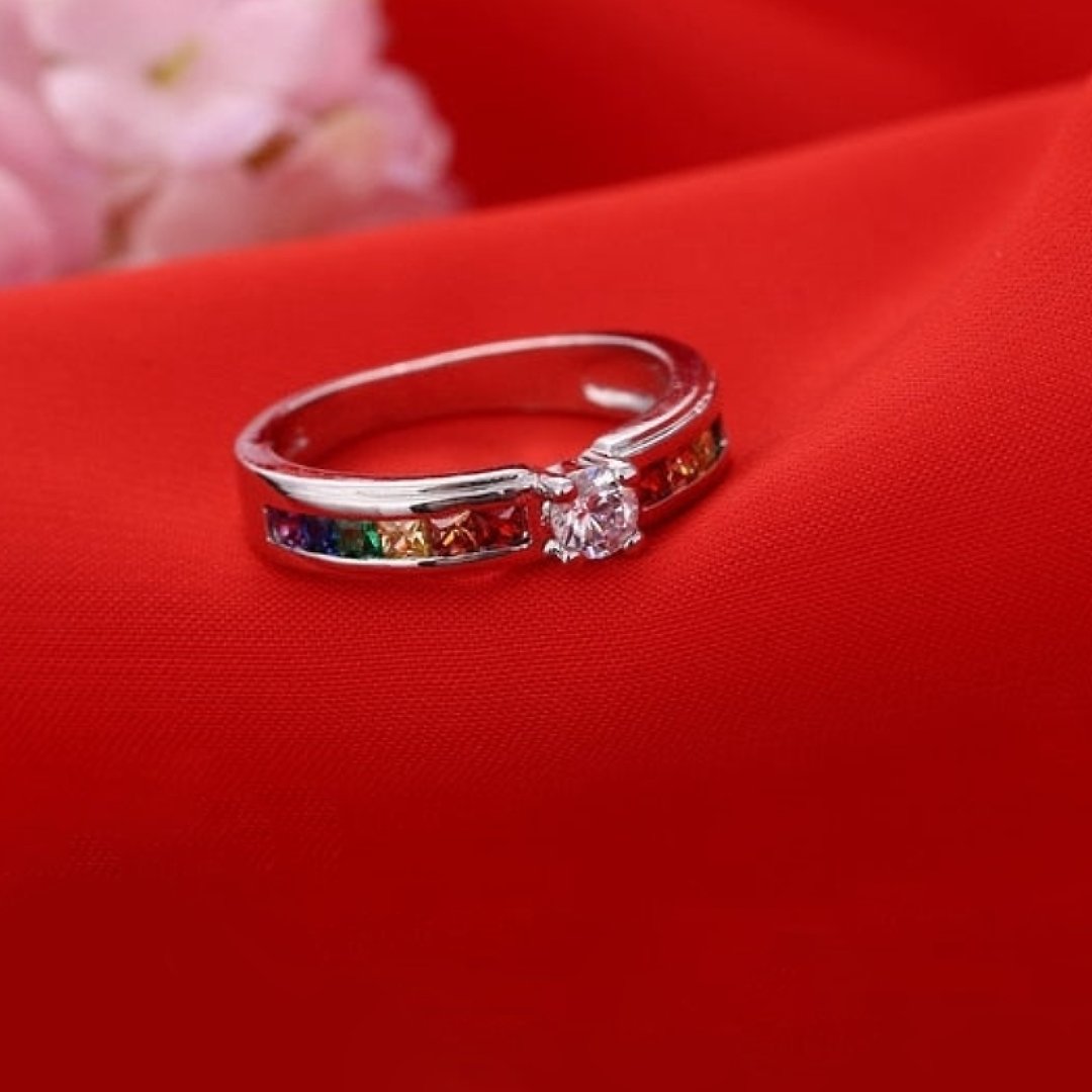 Love Rainbow Rhinestone Sterling Silver Ring - Rings - Pretland | Spiritual Crystals & Jewelry