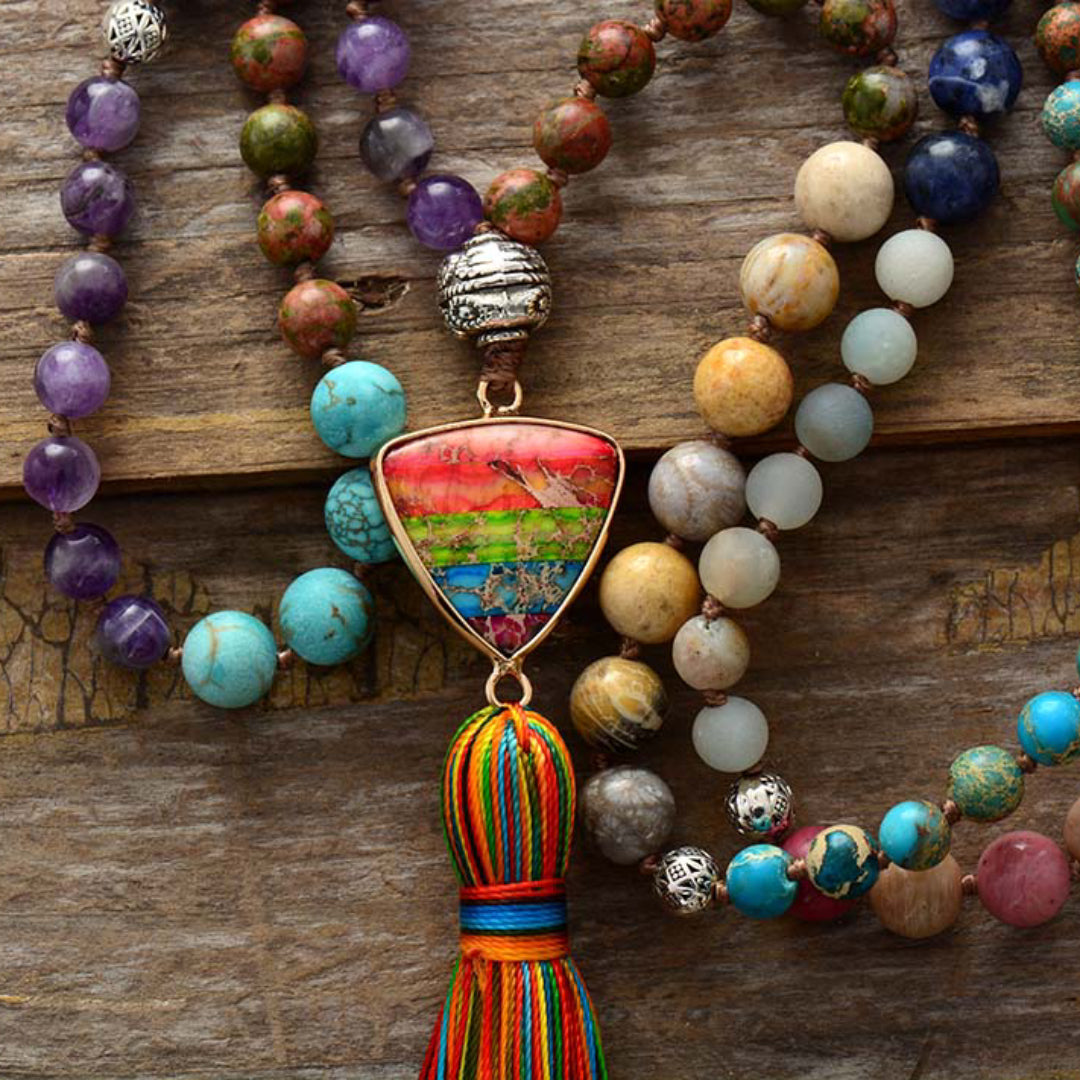 Jasper Chakra Charm Triangle Tassel Necklace - Necklaces - Pretland | Spiritual Crystals & Jewelry