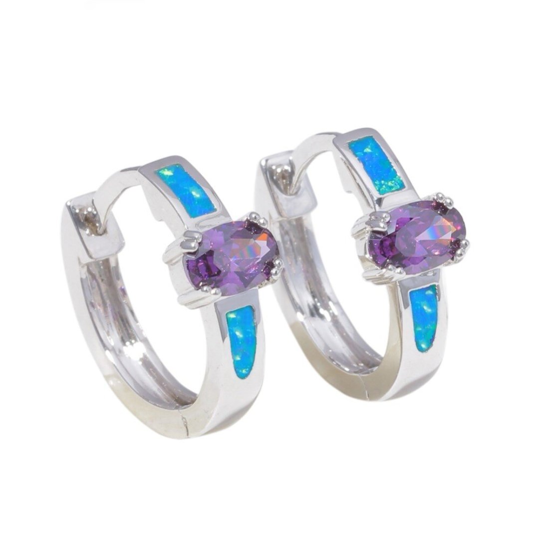 Chic Amethyst & Blue Opal Silver Plated Earrings - Hoop Earrings - Pretland | Spiritual Crystals & Jewelry