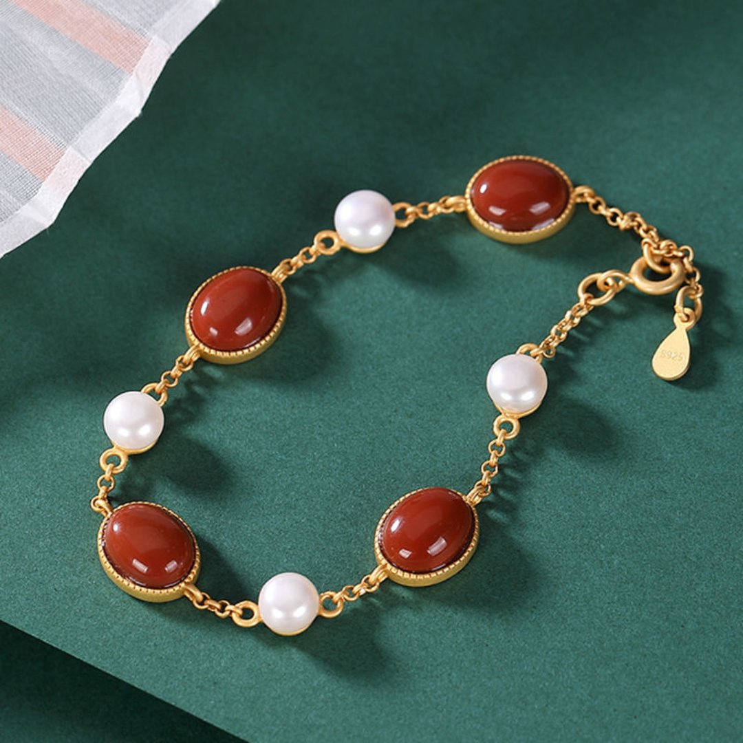 Enchanting Tourmaline & Chalcedony Pearl Bracelet - Red Tourmaline & Pearl / 17-20cm - Bracelets - Pretland | Spiritual Crystals & Jewelry