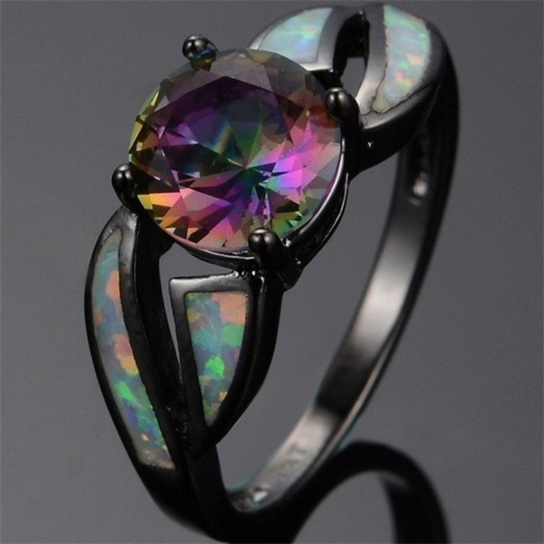 Rainbow Topaz & Fire Opal Ring - 5 / Black - Rings - Pretland | Spiritual Crystals & Jewelry