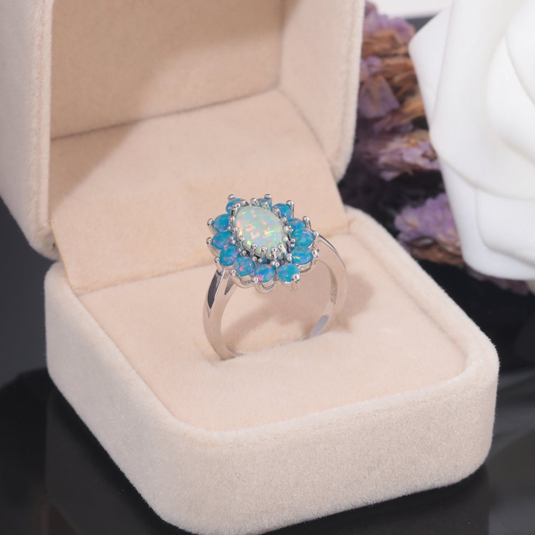 White & Blue Fire Opal Silver Plated Ring - Rings - Pretland | Spiritual Crystals & Jewelry
