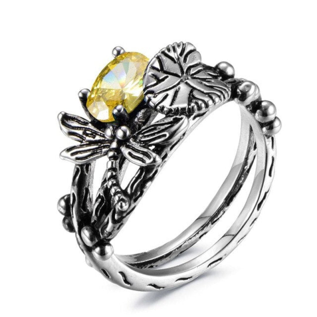 Dragonfly Gemstone Lotus Ring - 6 / Yellow - Rings - Pretland | Spiritual Crystals & Jewelry