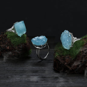 Natural Aquamarine Sterling Silver Adjustable Ring - Rings - Pretland | Spiritual Crystals & Jewelry