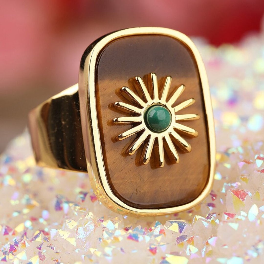 Resplendent Birthstones Sun Flower Adjustable Ring - Tiger Eye - Rings - Pretland | Spiritual Crystals & Jewelry