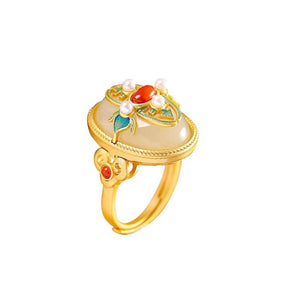 Ethnic Gold Plated Jade Agate Pearl Adjustable Ring - Rings - Pretland | Spiritual Crystals & Jewelry