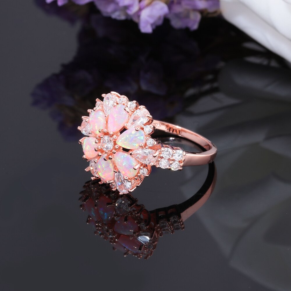 Flower Pink Fire Opal Rose Gold Ring - Rings - Pretland | Spiritual Crystals & Jewelry