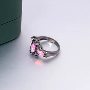 Butterfly Pink Big Fire Opal Black Gold Ring