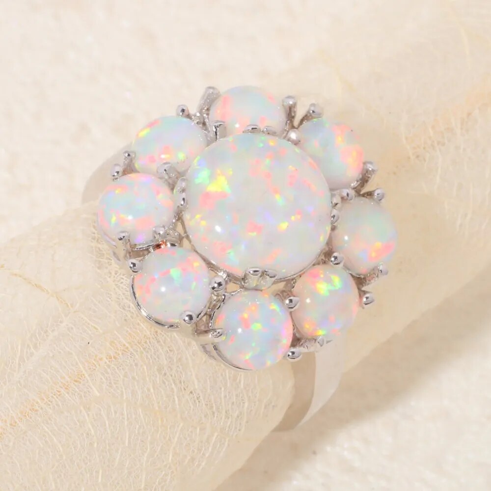 Spiritual Flower White Fire Opal Silver Plated Ring