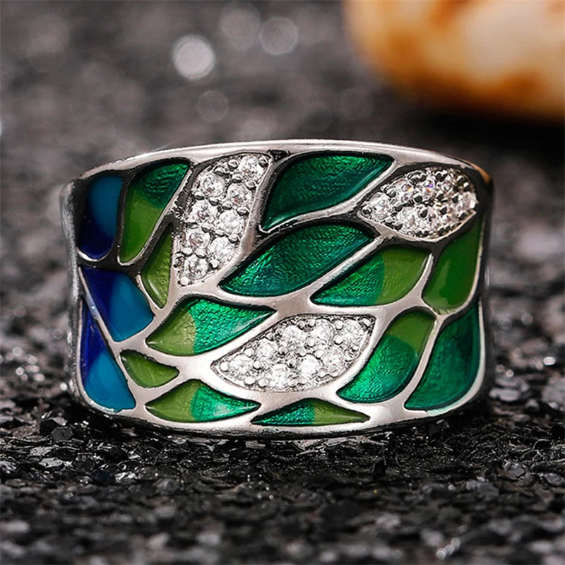 Bohemia Green Leaf hand-painted ring