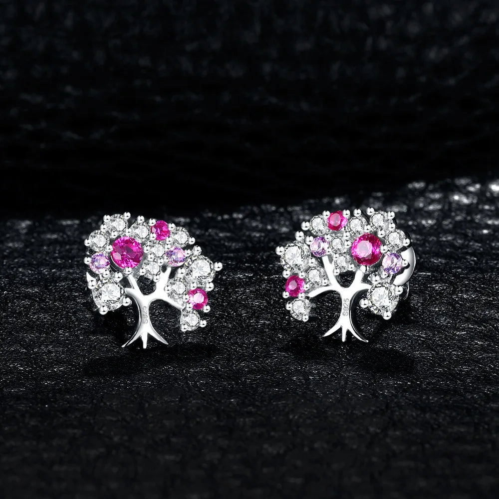 Tree Of Life Ruby Silver Earrings