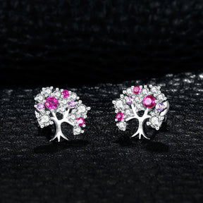 Tree Of Life Ruby Silver Earrings
