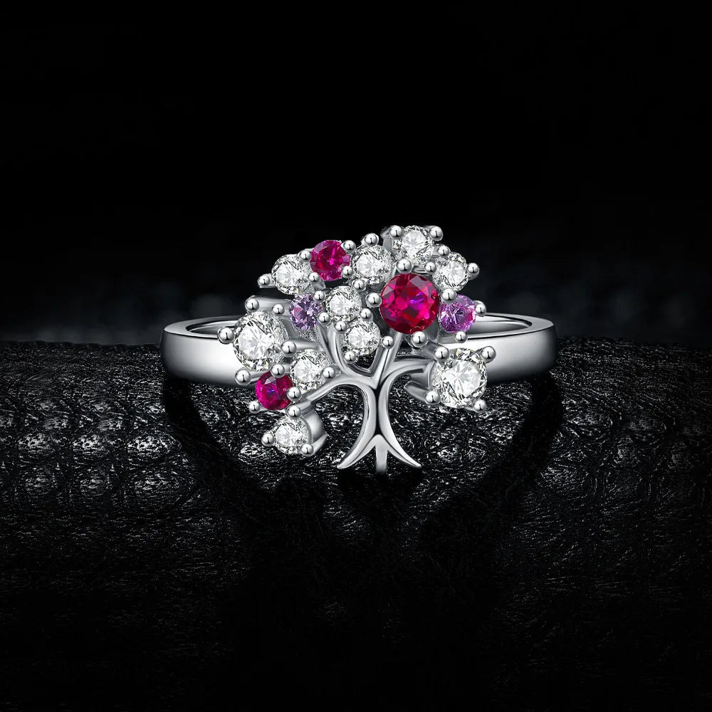 Tree Of Life Ruby Silver Adjustable Ring