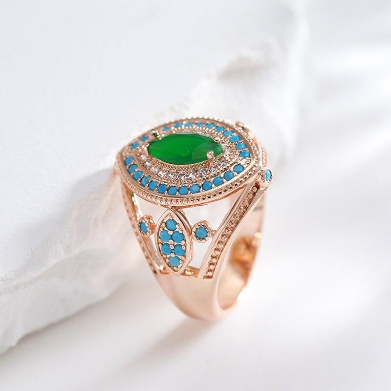 Vintage Emerald Turquoise 14K Rose Gold Ring