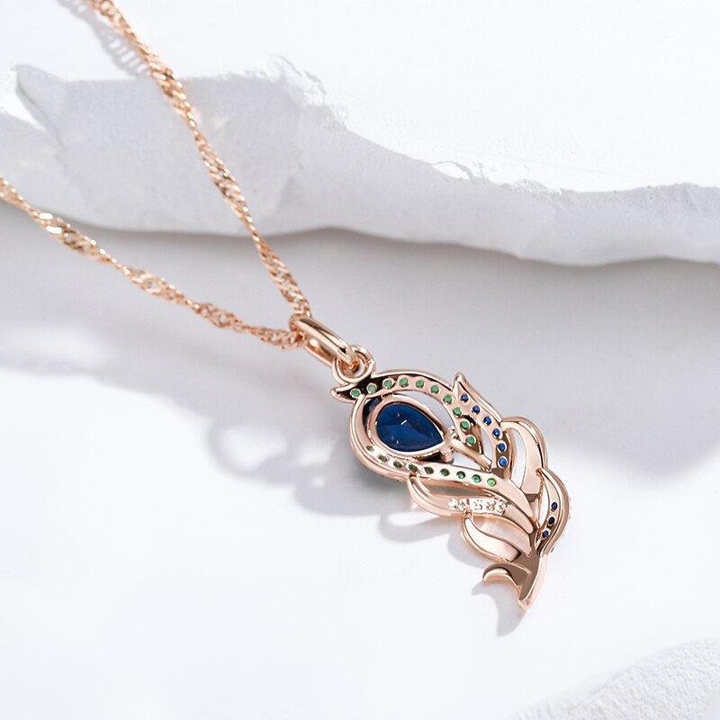 Peacock Feather Sapphire 14K Rose Gold Necklace