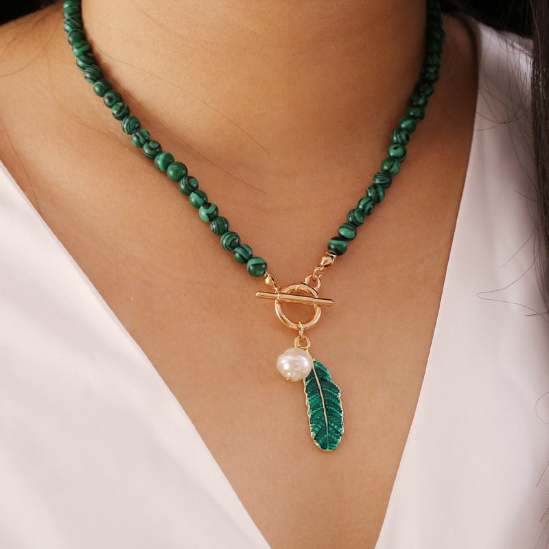 Spiritual Malachite Stone Pearl Necklace - Necklaces - Pretland | Spiritual Crystals & Jewelry