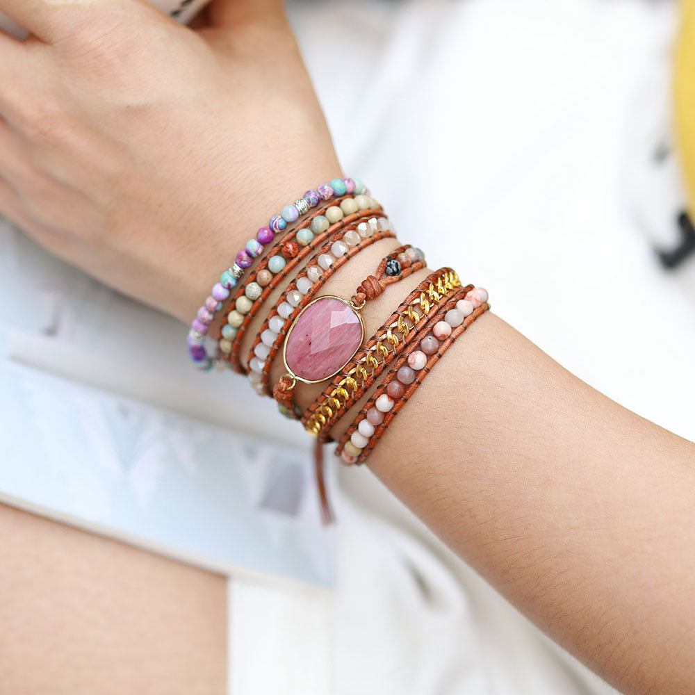 Pink Rhodonite Wrap Bracelet - Wrap Bracelets - Pretland | Spiritual Crystals & Jewelry