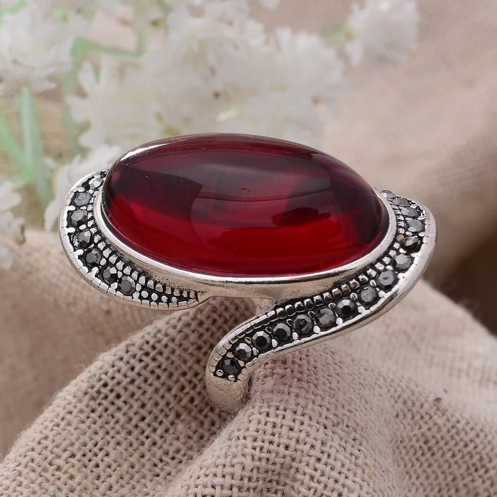 Retro Garnet Stone Adjustable Silver Ring