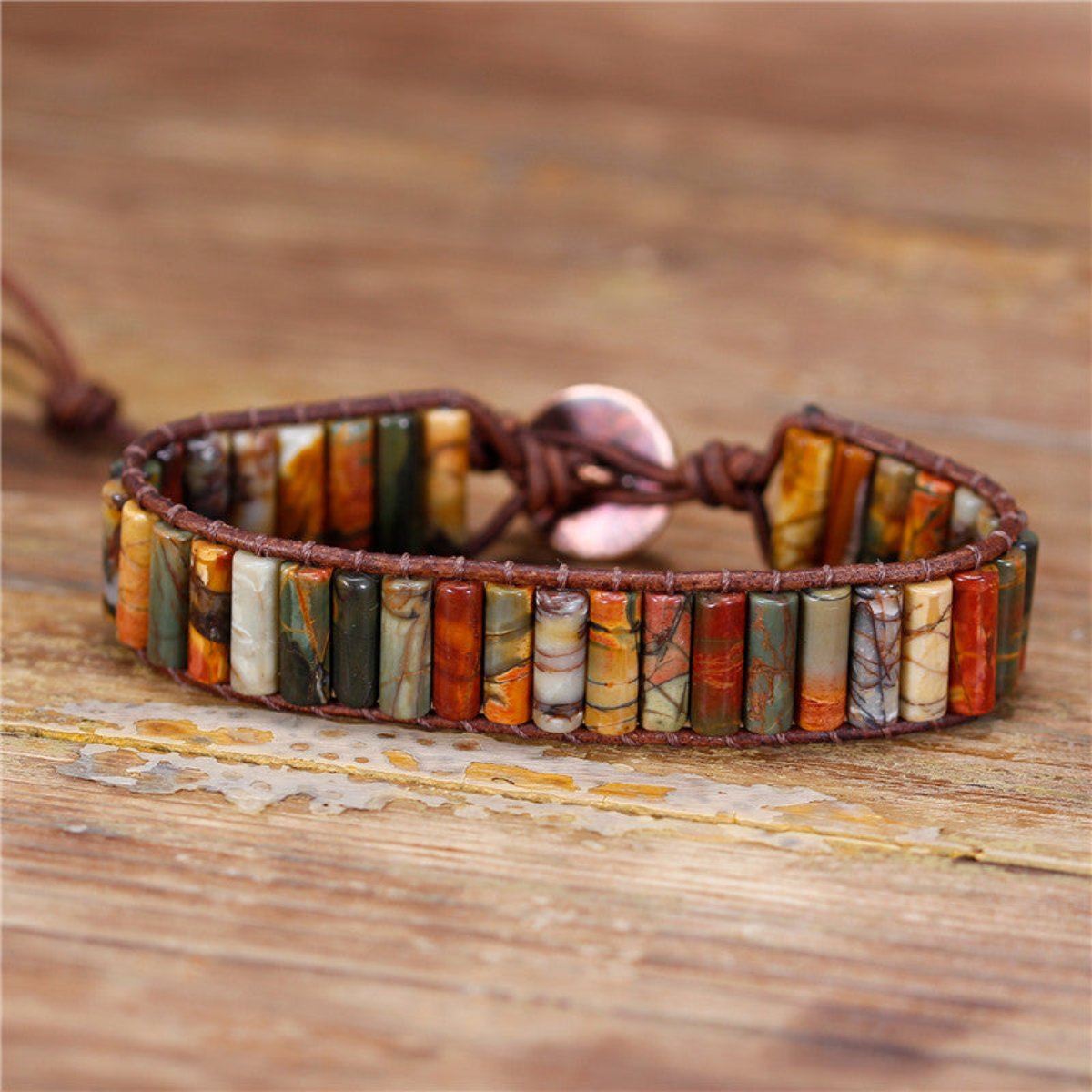 Jasper Tube Beads Cuff Leather Bracelet - Wrap Bracelets - Pretland | Spiritual Crystals & Jewelry