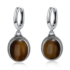Vintage Natural Stone Oval Hoop Earrings - Tiger's Eye - Earrings - Pretland | Spiritual Crystals & Jewelry