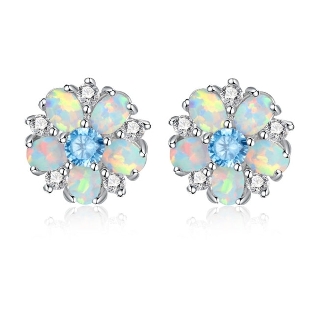 Luxury Flower Fire Opal 925 Sterling Silver Earrings - Blue - Earrings - Pretland | Spiritual Crystals & Jewelry