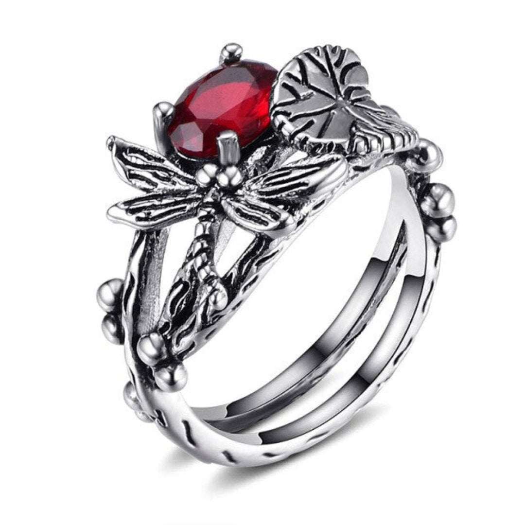 Dragonfly Gemstone Lotus Ring - 6 / Red - Rings - Pretland | Spiritual Crystals & Jewelry