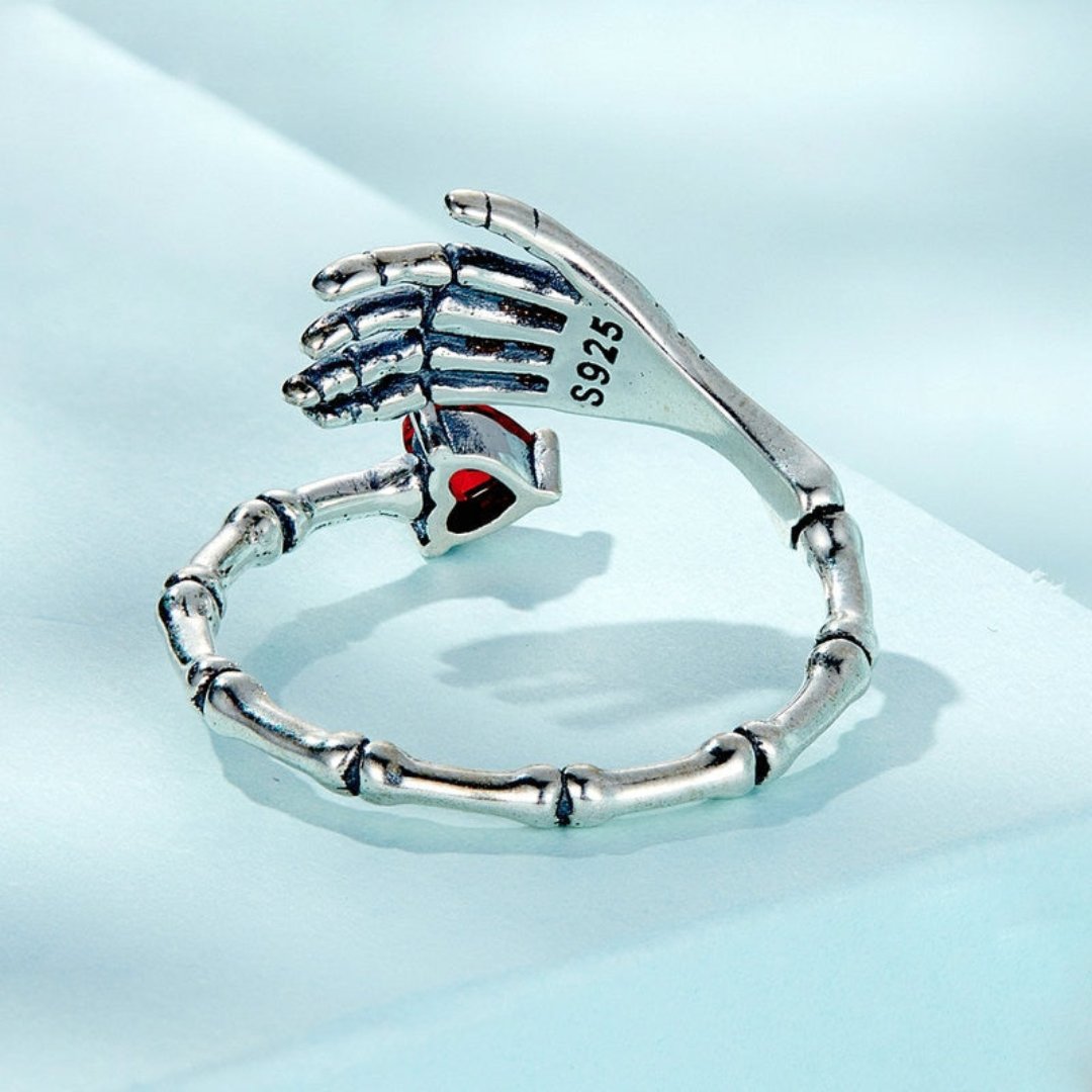 Skull Hand & Skull Rose Silver Adjustable Ring - Rings - Pretland | Spiritual Crystals & Jewelry