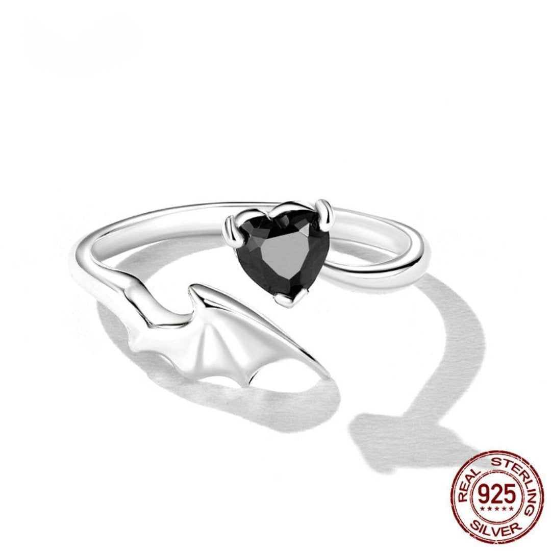 Devil Wing Black Heart Zircon Silver Ring - Rings - Pretland | Spiritual Crystals & Jewelry