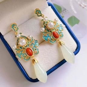 Retro White Magnolia Jade Pearl Earrings - Earrings - Pretland | Spiritual Crystals & Jewelry