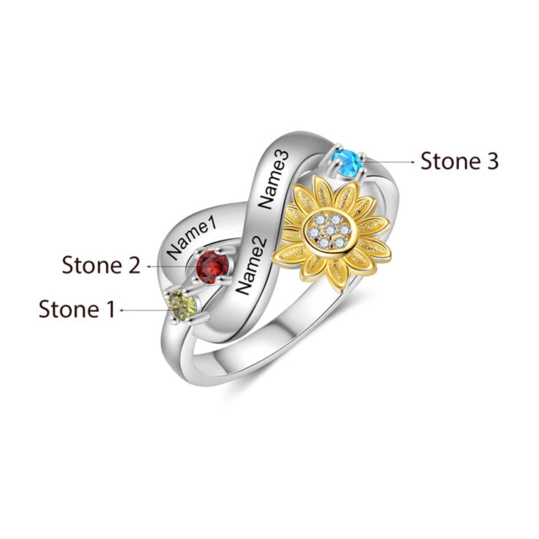 Chic Sunflower Crystal Personalized Ring - 6 / 3 Names - 3 Stones - Rings - Pretland | Spiritual Crystals & Jewelry