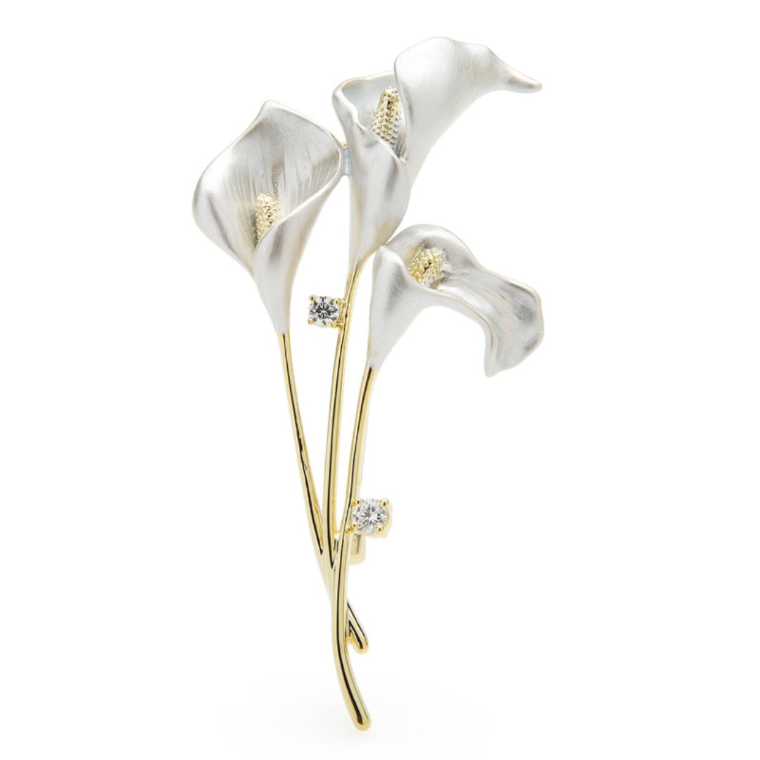Lily Flower Enamel & Zirconia Brooch - Grey - Brooches - Pretland | Spiritual Crystals & Jewelry