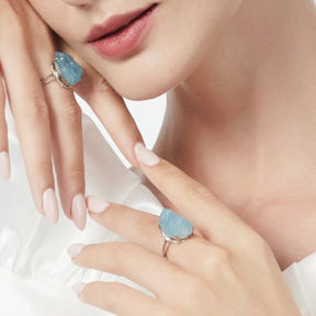 Natural Aquamarine Sterling Silver Adjustable Ring - Resizable / Blue Aquamarine - Rings - Pretland | Spiritual Crystals & Jewelry
