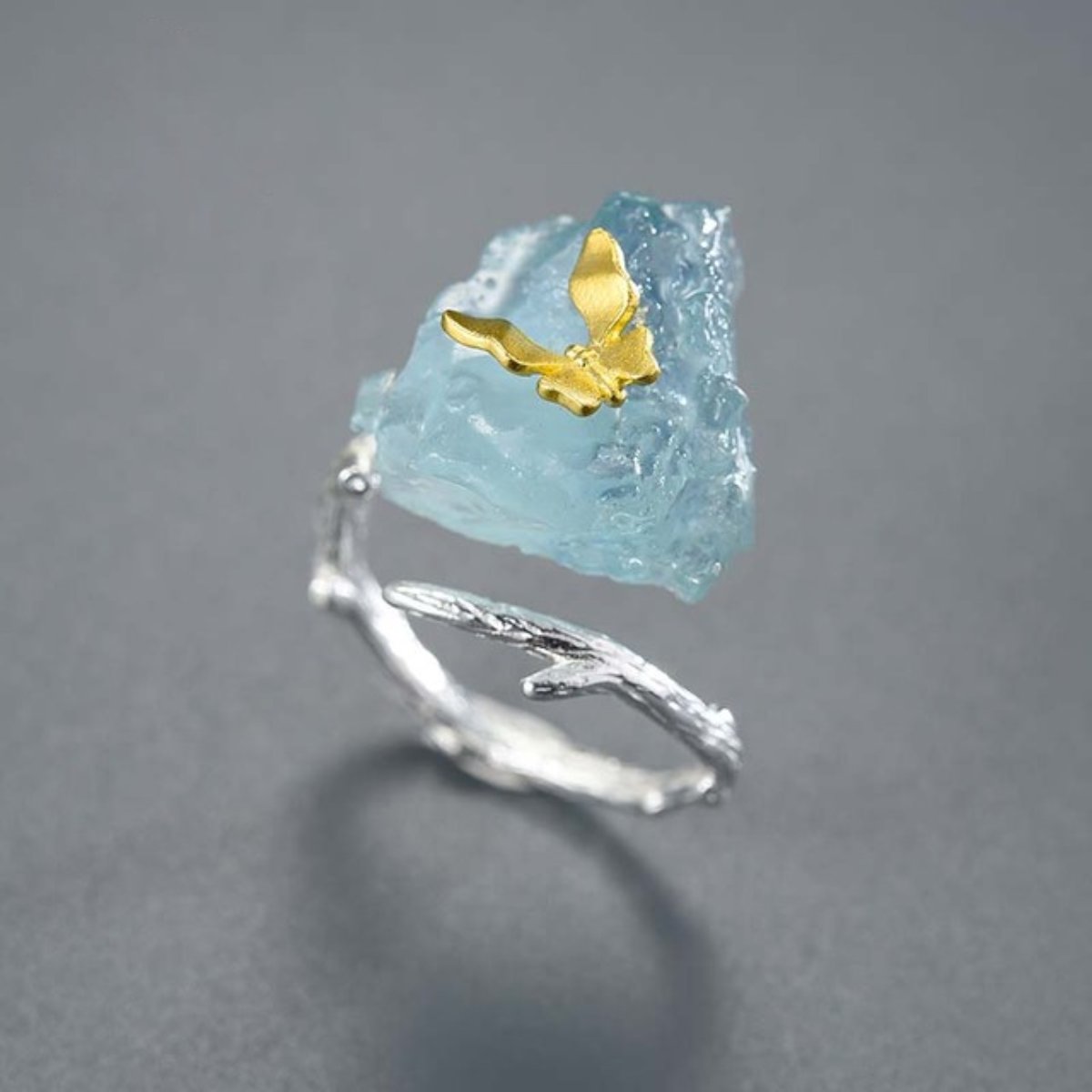 Vintage Butterfly Aquamarine Stone Adjustable Ring - Rings - Pretland | Spiritual Crystals & Jewelry