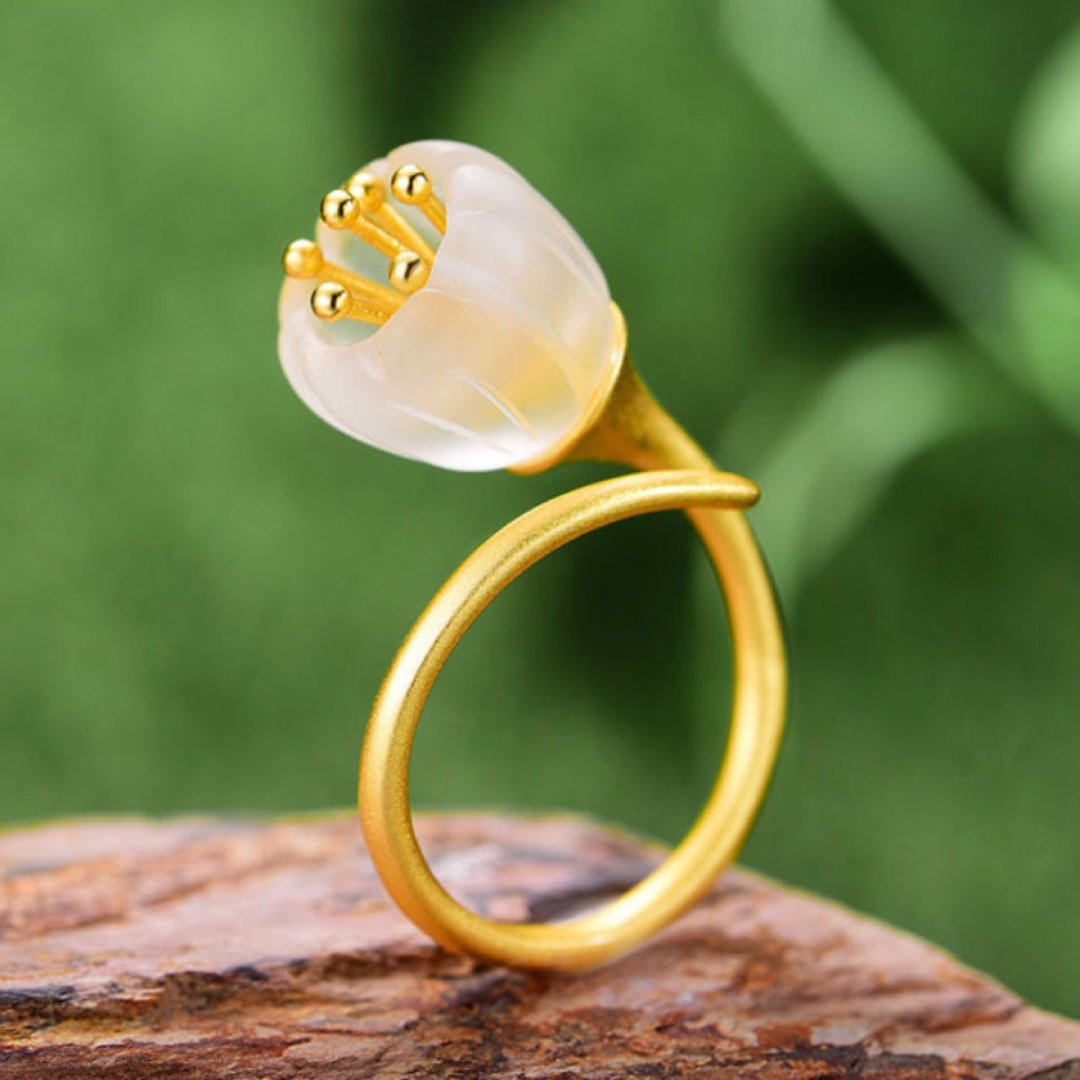 Valley Flower Natural Crystal Adjustable Ring - Gold Satin-Finish - Rings - Pretland | Spiritual Crystals & Jewelry