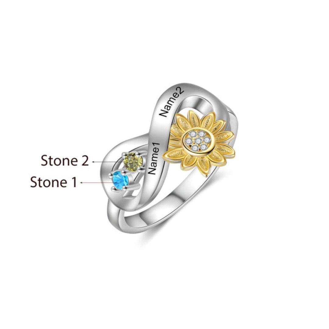 Chic Sunflower Crystal Personalized Ring - 6 / 2 Names - 2 Stones - Rings - Pretland | Spiritual Crystals & Jewelry