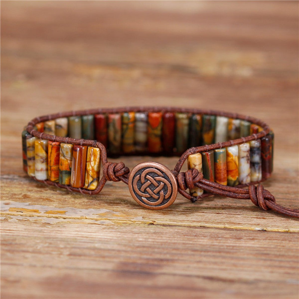 Jasper Tube Beads Cuff Leather Bracelet - Wrap Bracelets - Pretland | Spiritual Crystals & Jewelry