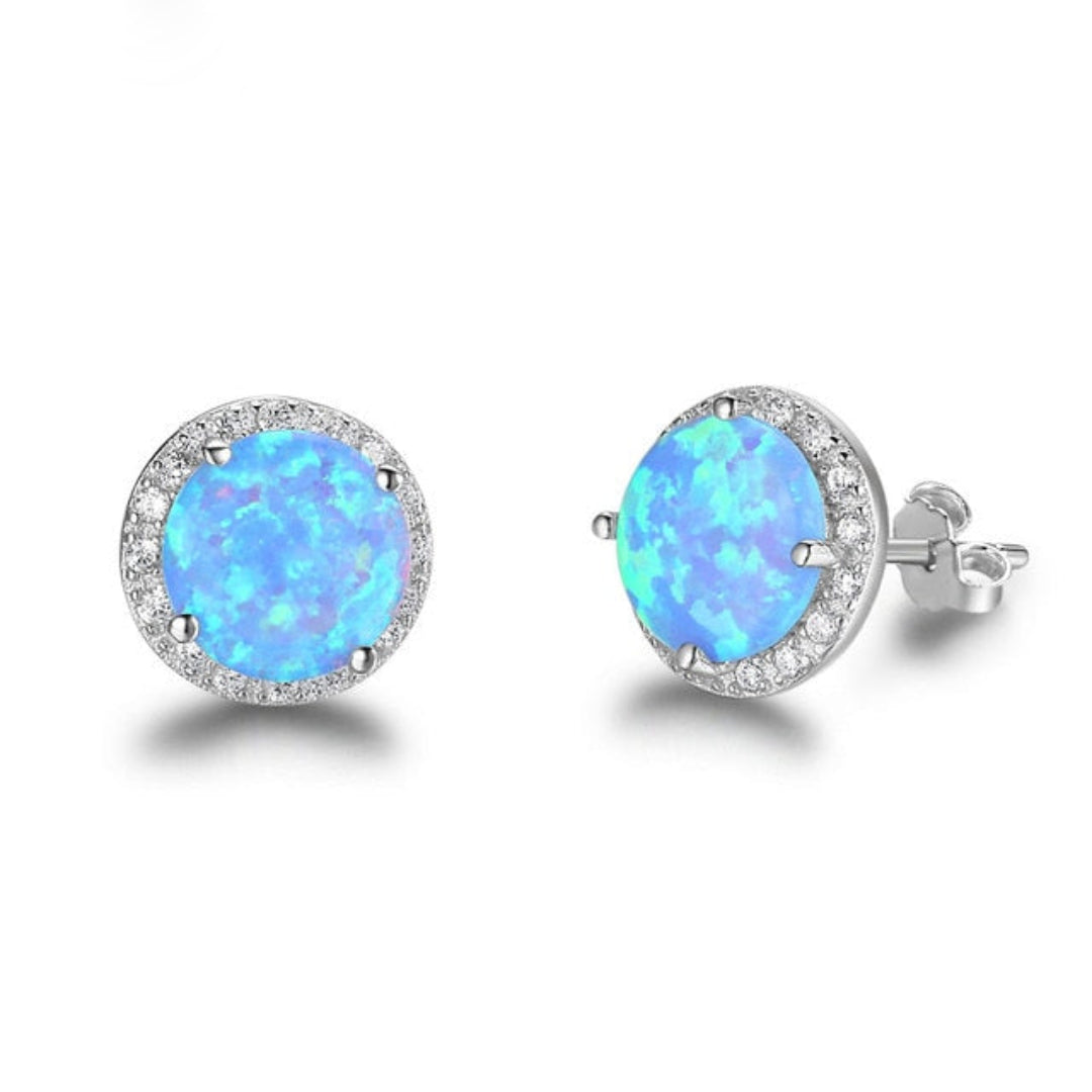 Elegant Circular Fire Opal Stud Earrings - Blue - Stud Earrings - Pretland | Spiritual Crystals & Jewelry