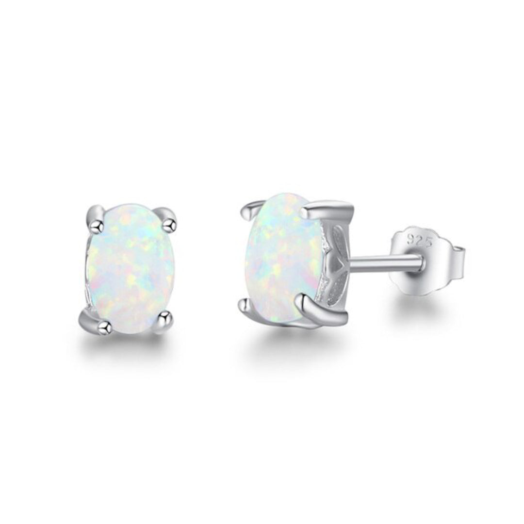 Chic Oval Fire Opal Silver Stud Earrings - White - Stud Earrings - Pretland | Spiritual Crystals & Jewelry
