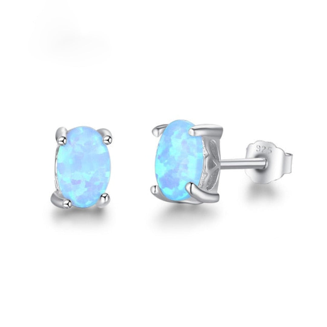 Chic Oval Fire Opal Silver Stud Earrings - Blue - Stud Earrings - Pretland | Spiritual Crystals & Jewelry