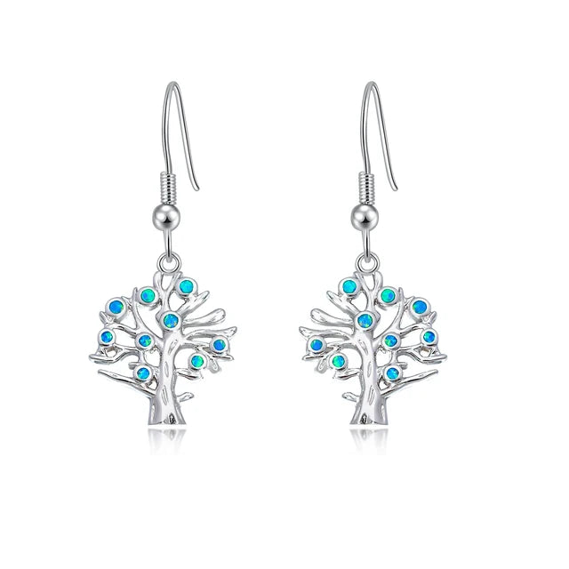 Life Tree Blue Fire Opal Silver Plated Earrings
