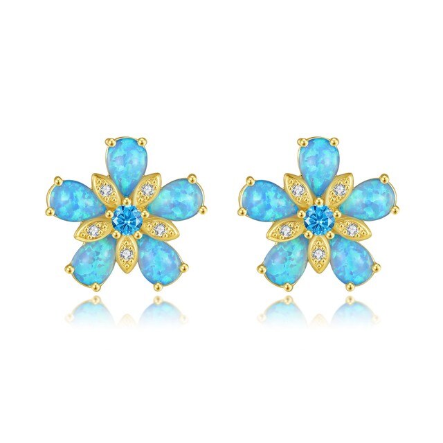 Ocean Blue Fire Opal Flower Stud Earrings - Default Title - Earrings - Pretland | Spiritual Crystals & Jewelry