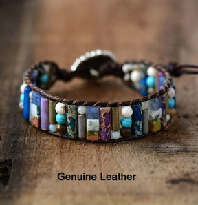 Natural Mixed Stone Tube Bracelet - Genuine Leather - Bracelets - Pretland | Spiritual Crystals & Jewelry