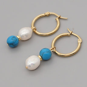 Asymmetric Pearl Earrings - Pearl & Lapis Lazuli - Earrings - Pretland | Spiritual Crystals & Jewelry