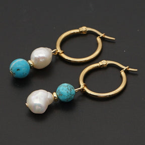 Asymmetric Pearl Earrings - Pearl & Turquoise - Earrings - Pretland | Spiritual Crystals & Jewelry